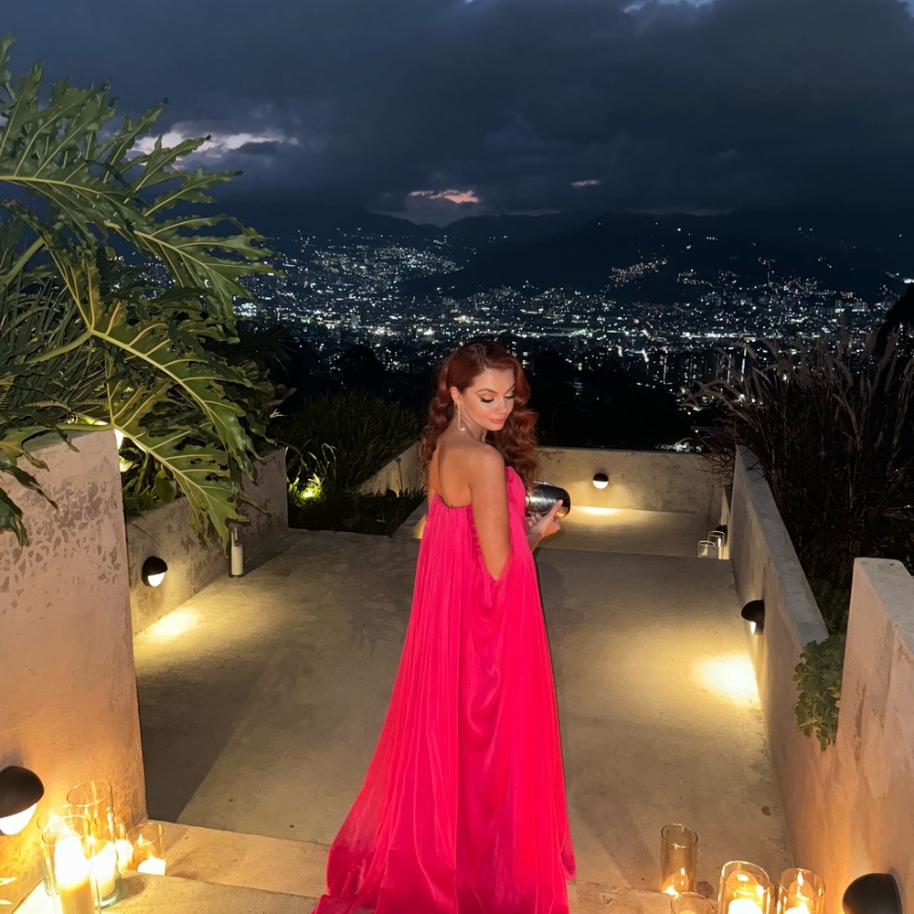 Custom - off shoulder sleeves -deep plunged neckline - pleated silk chiffon gown